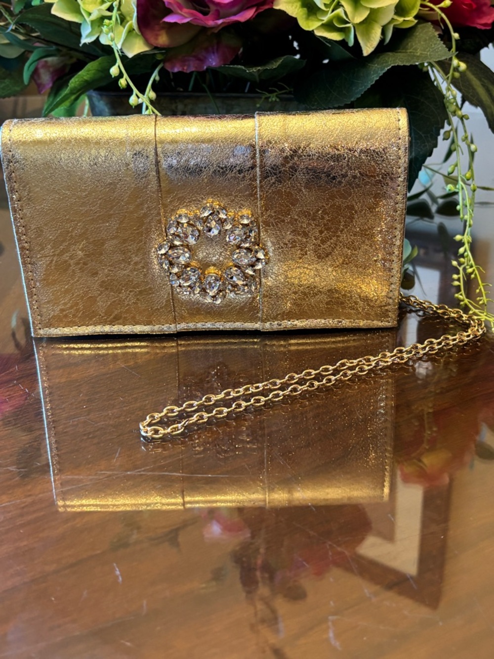 Kate Landry Gold Metallic Crystal Wreath Crossbody Clutch
